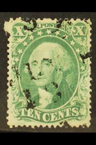 1857-61  10c Green Washington, Type II SG 36, Scott 32, Very Fine Cds Used, Showing Blind Staggered Perfs At Upper Left, - Other & Unclassified