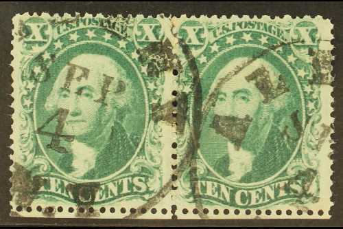 1857-61  10c Green Washington, Type III SG 37, Scott 33, Horizontal Pair Fine Cds Used, Buhler Guarantee Mark.  For More - Other & Unclassified