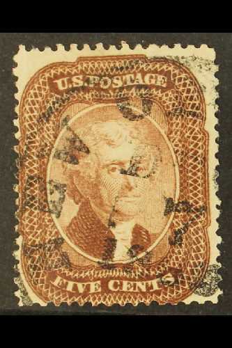 1857-61  5c Brown Jefferson, SG 32, Scott 29, Fine With Large Part New York Cds, Good Colour And Perfs, Buhler Guarantee - Autres & Non Classés