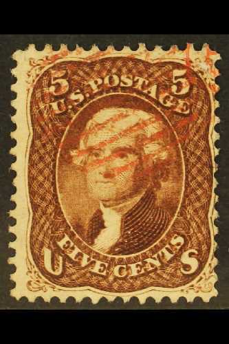 1862-66  5c Dark Red Brown Jefferson, SG 71a, Scott 75, Fine With Neat Red Barred Cancel, Buhler Guarantee Mark.  For Mo - Otros & Sin Clasificación