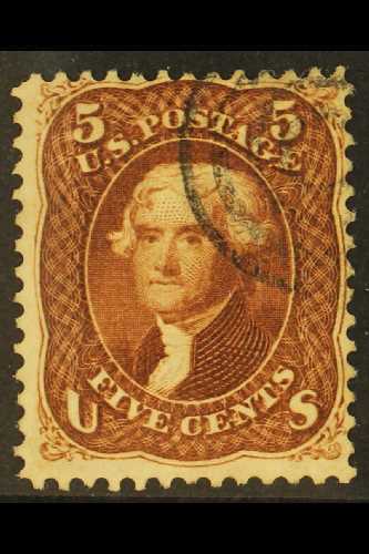 1862-66  5c Dark Red Brown Jefferson, SG 71a, Scott 75, Superb With Corner Target Cancel, Buhler Guarantee Mark.  For Mo - Autres & Non Classés