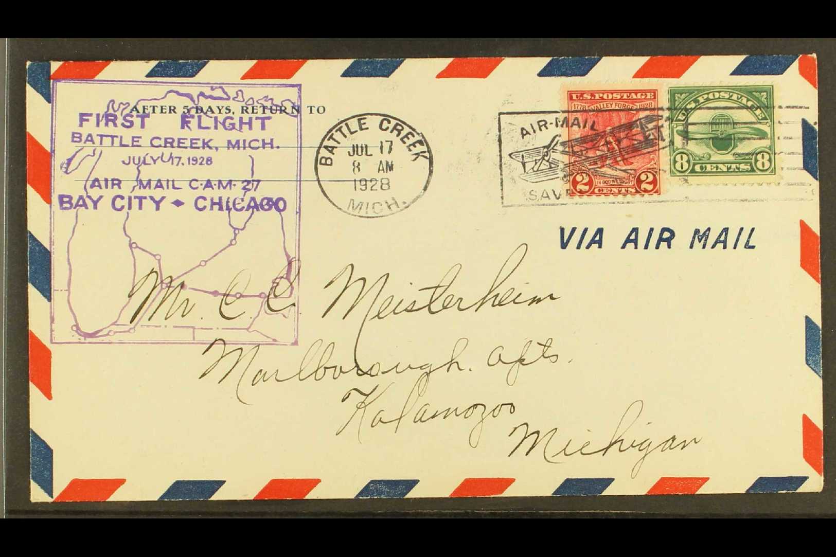 1928 FIRST FLIGHT COVER  (July 17th) Battle Creek To Karlamazoo Bearing 8c Air Mail (Scott C4) & 2c Valley Forge Tied By - Autres & Non Classés