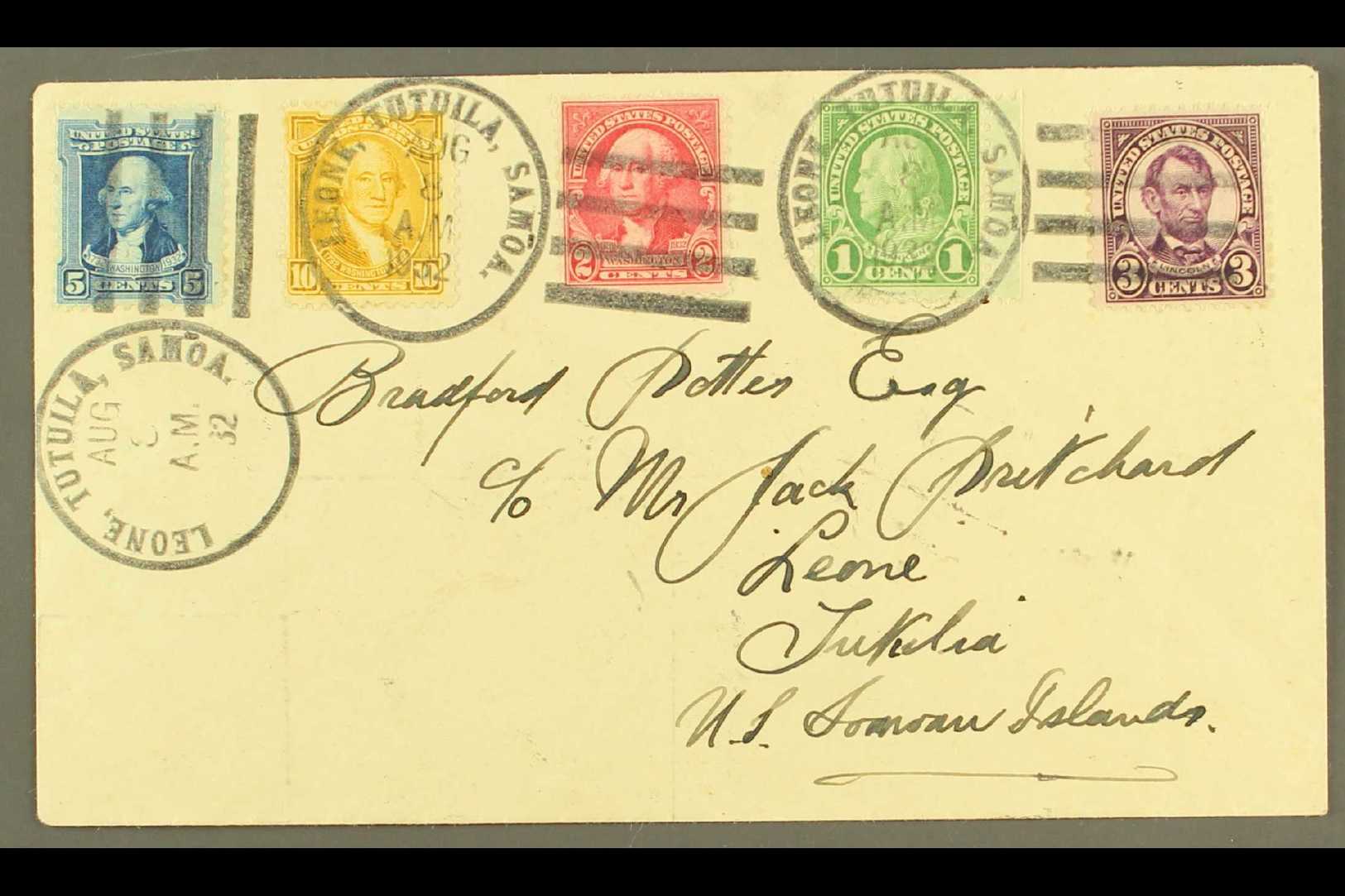 AMERICAN SAMOA  1932 FIVE COLOUR FRANKING Cover Postmarked "LEONE, TUTUILA, SAMOA" Addressed Locally. Eye-catching! For  - Otros & Sin Clasificación