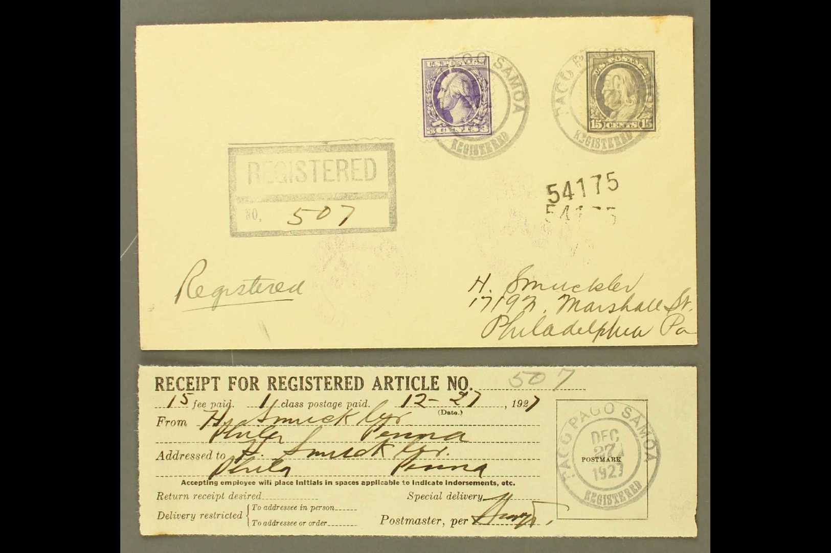 AMERICAN SAMOA  1927 (Dec 27) Registered Cover Franked With 3c Washington & 15c Franklin, Postmarked Pago Pago, Addresse - Autres & Non Classés
