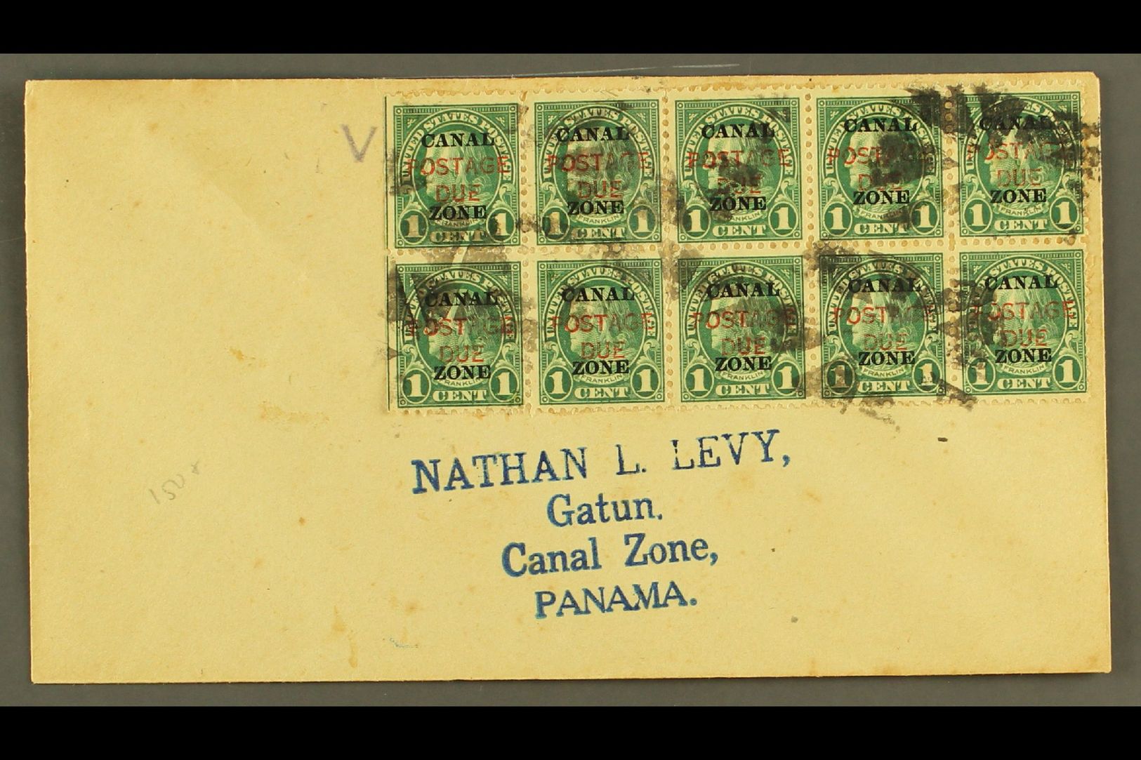 CANAL ZONE  POSTAGE DUES 1925 1c Deep Green Overprint (Scott J15) Used BLOCK Of 10 On Philatelic Cover Tied By Cork Canc - Other & Unclassified