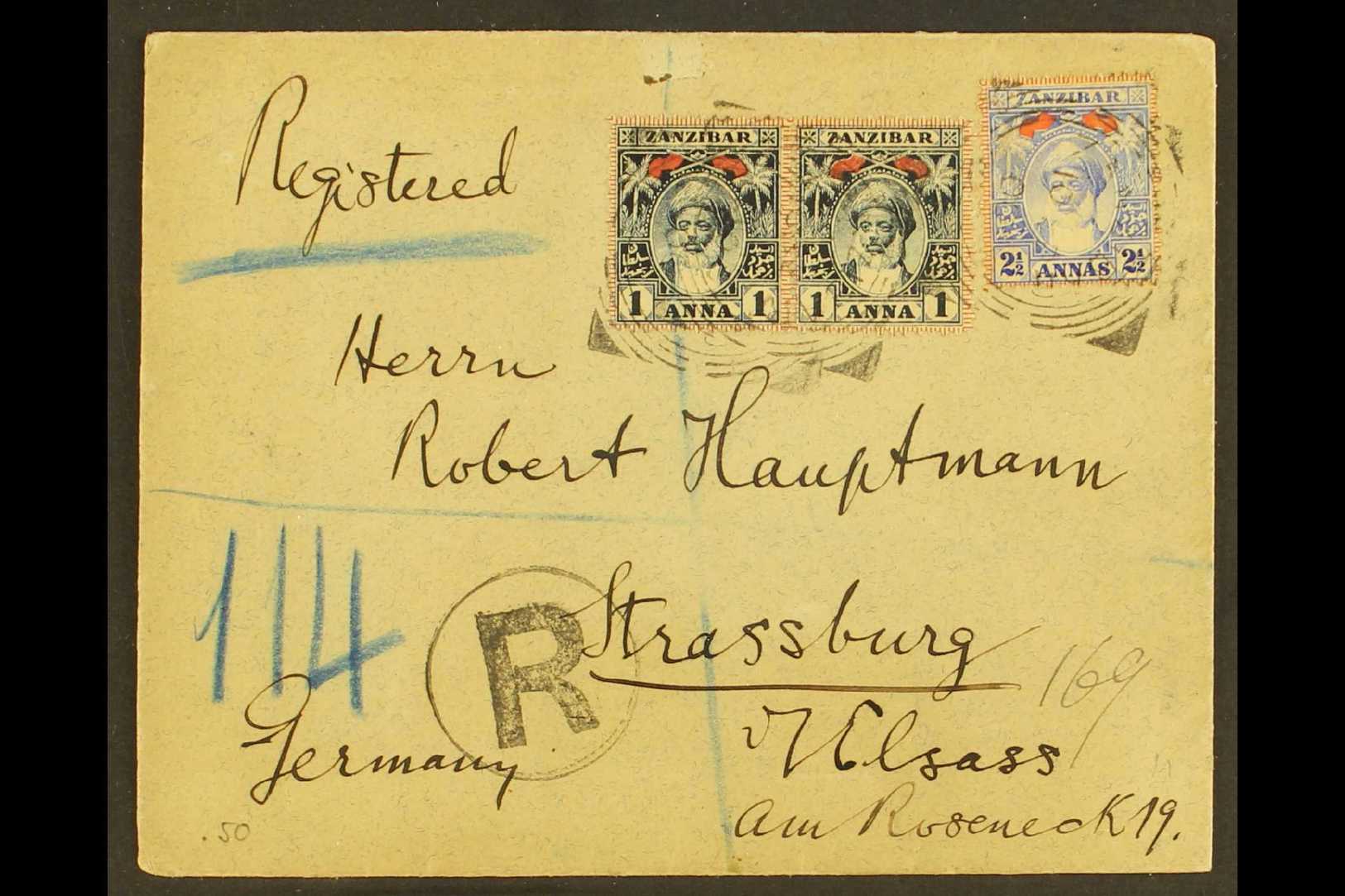 1900  (10th April) Registered Envelope To Germany Bearing 1899-1901 1a Pair (SG 1890 & 2½a (SG 192) Tied By Multiple Squ - Zanzibar (...-1963)