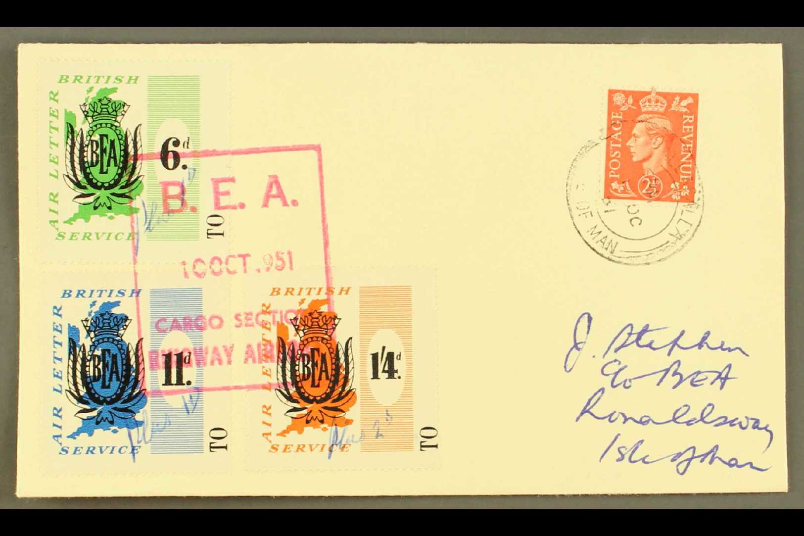 1951 B.E.A. AIR LETTER LOCAL SURCHARGES  1951 (10 Oct) Cover To Isle Of Man Bearing B.E.A. 6d, 11d And 1s4d Labels With  - Otros & Sin Clasificación