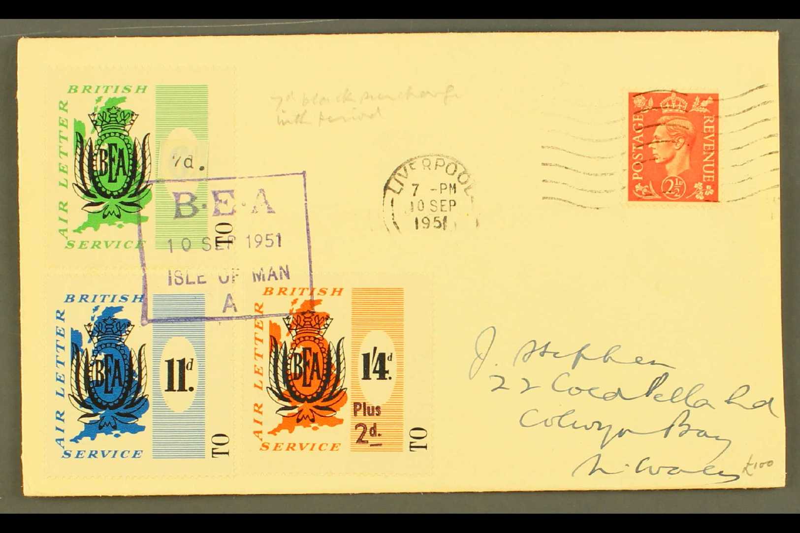 1951 B.E.A. AIR LETTER LOCAL SURCHARGES  1951 (10 Sept) Cover From Isle Of Man To Colwyn Bay Bearing B.E.A. 6d, 11d And  - Autres & Non Classés