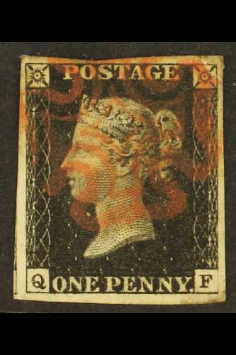 1840  1d Black 'QF', Plate 8, SG 2, With 4 Margins And Red MC Pmk, Repaired At Top. For More Images, Please Visit Http:/ - Non Classés