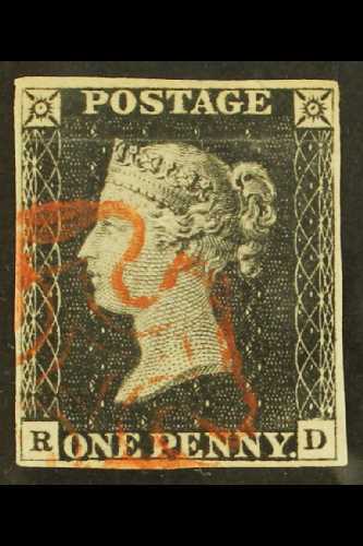 1840  1d Black 'RD' Plate 1b, SG 2, Used With 4 Margins & Pretty Red MC Cancel Over One Corner. For More Images, Please  - Non Classés
