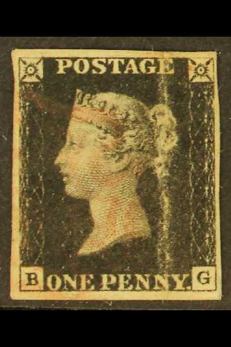 1840  1d Intense Black, "B G" SG 1, Used With Light, Red MX, Four Margins, Vertical Crease, Cat.£525. For More Images, P - Non Classés
