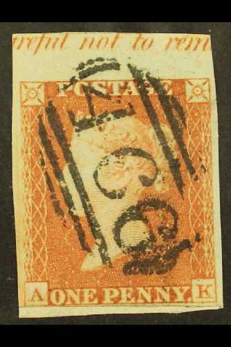 1841  1d Red- Brown 'AK' With Portion Of Sheet Margin At Top Showing The "(ca)rful Not To Rem(ove)" Partial Inscription, - Andere & Zonder Classificatie