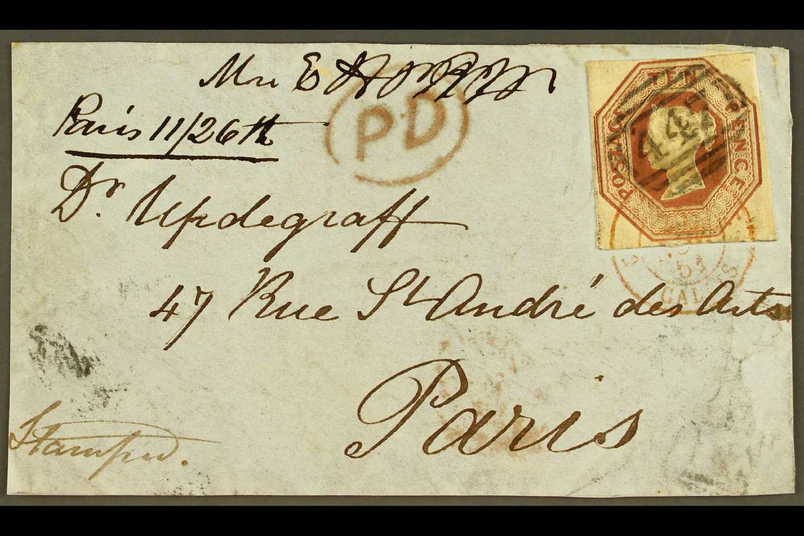 1847-54  10d Brown Embossed, SG 57, On A Cover Front To Paris, Almost Clear Margins All Round - Just Touching Frame At T - Autres & Non Classés
