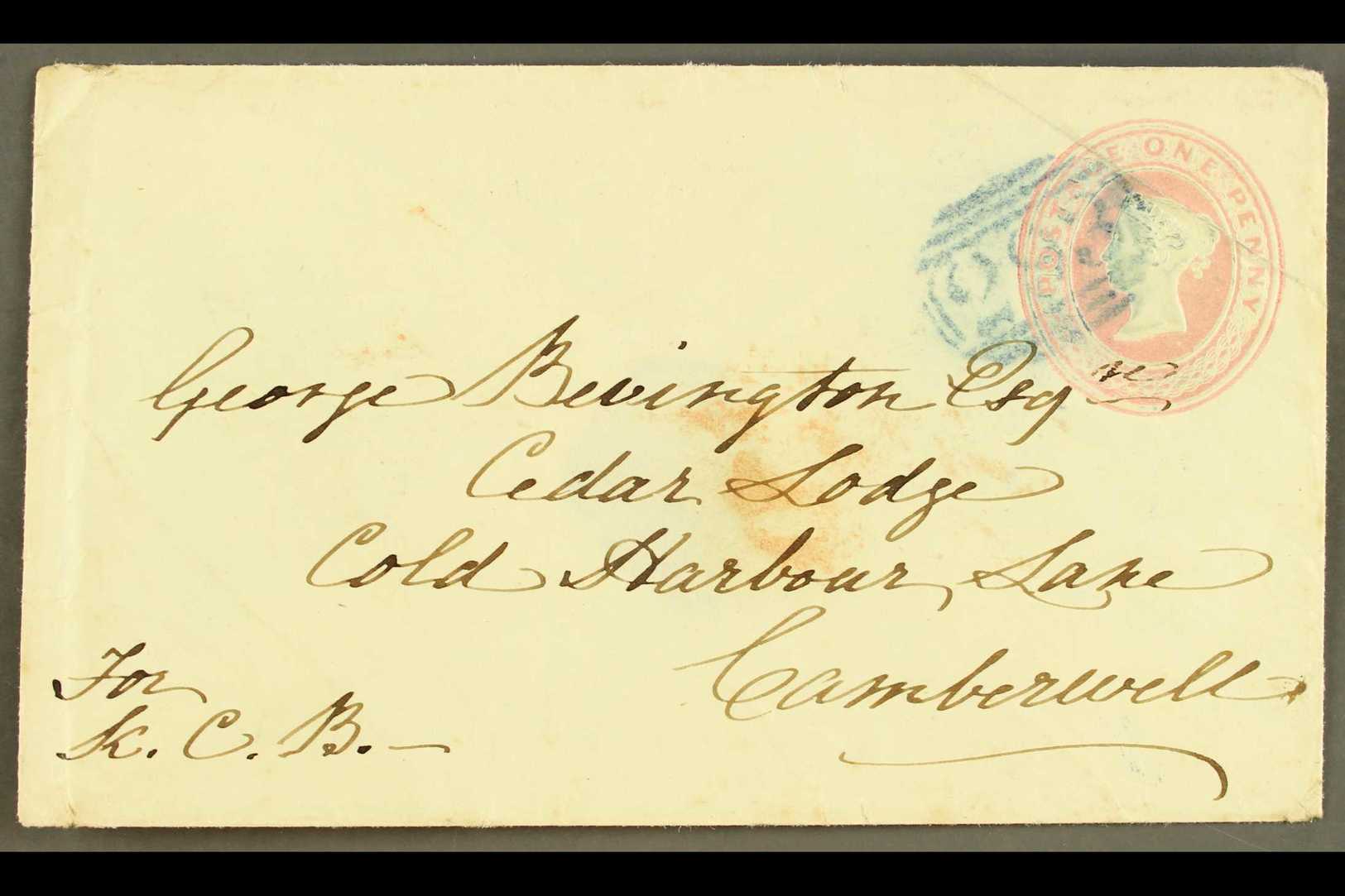 1851  (2 Mar) 1d Postal Stationery Envelope From Farringdon To Camberwell, With "293" (FARRINGDON) Cancel In BLUE. For M - Otros & Sin Clasificación