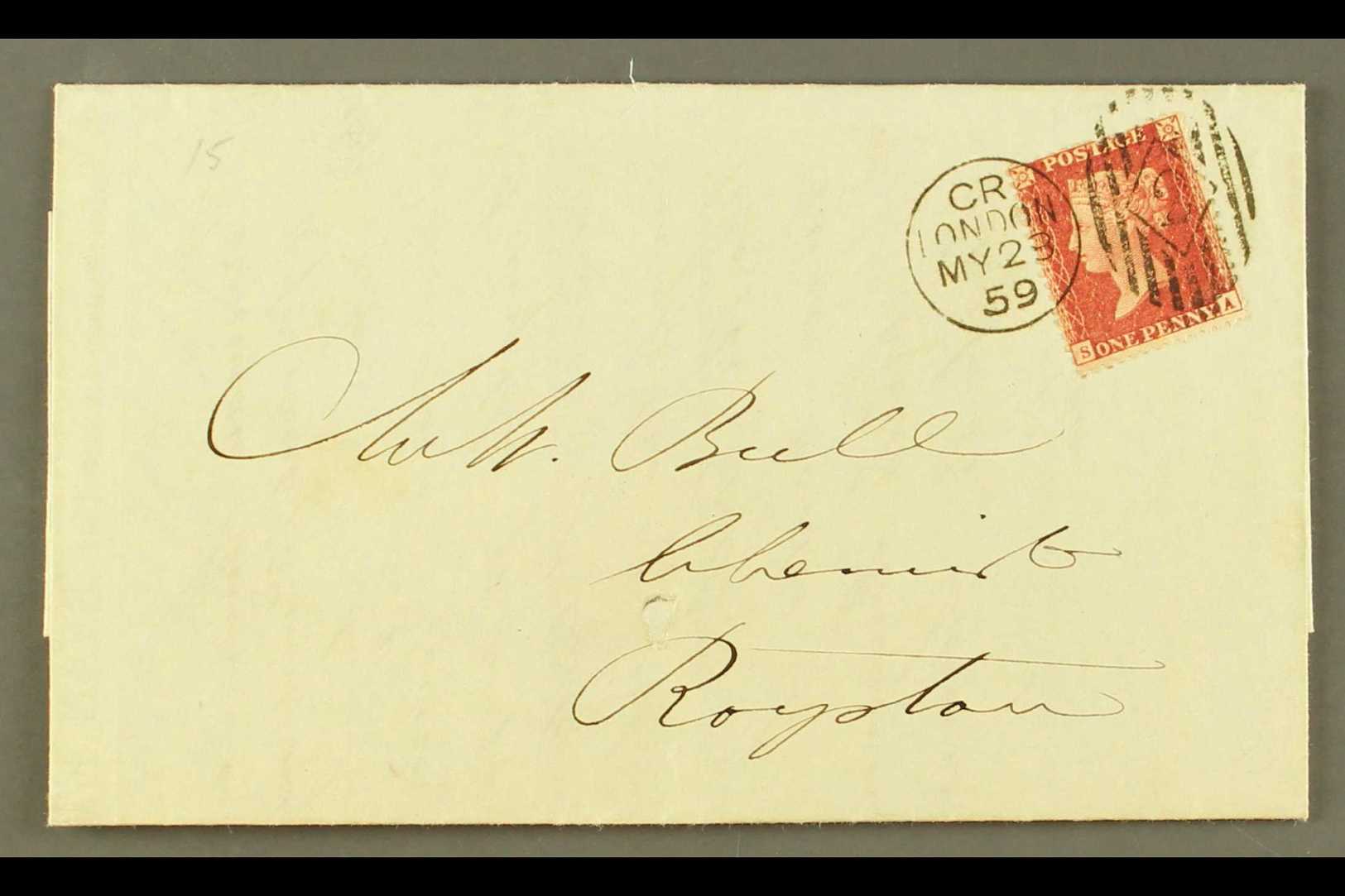 1859 CHARLES RIDEOUT MACHINE CANCEL  (May) Neat Entire To Royston, With 1d Red Tied Fine  Code CR Machine 2 Cancel.  For - Autres & Non Classés