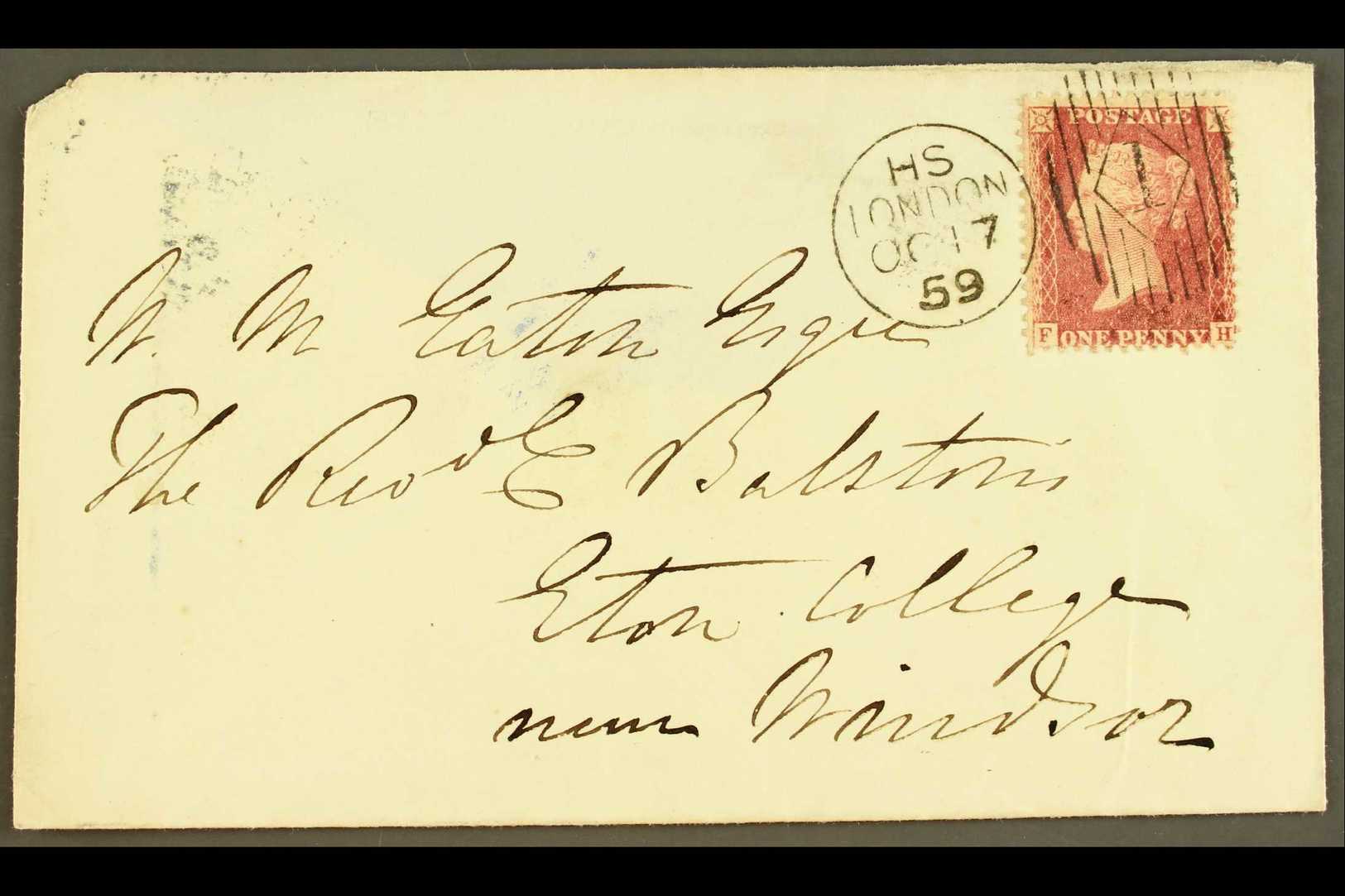 1859 CHARLES RIDEOUT MACHINE CANCEL  (Oct) Envelope (flap Missing) To Eton College, With 1d Red Tied Code HS Machine 1 C - Otros & Sin Clasificación
