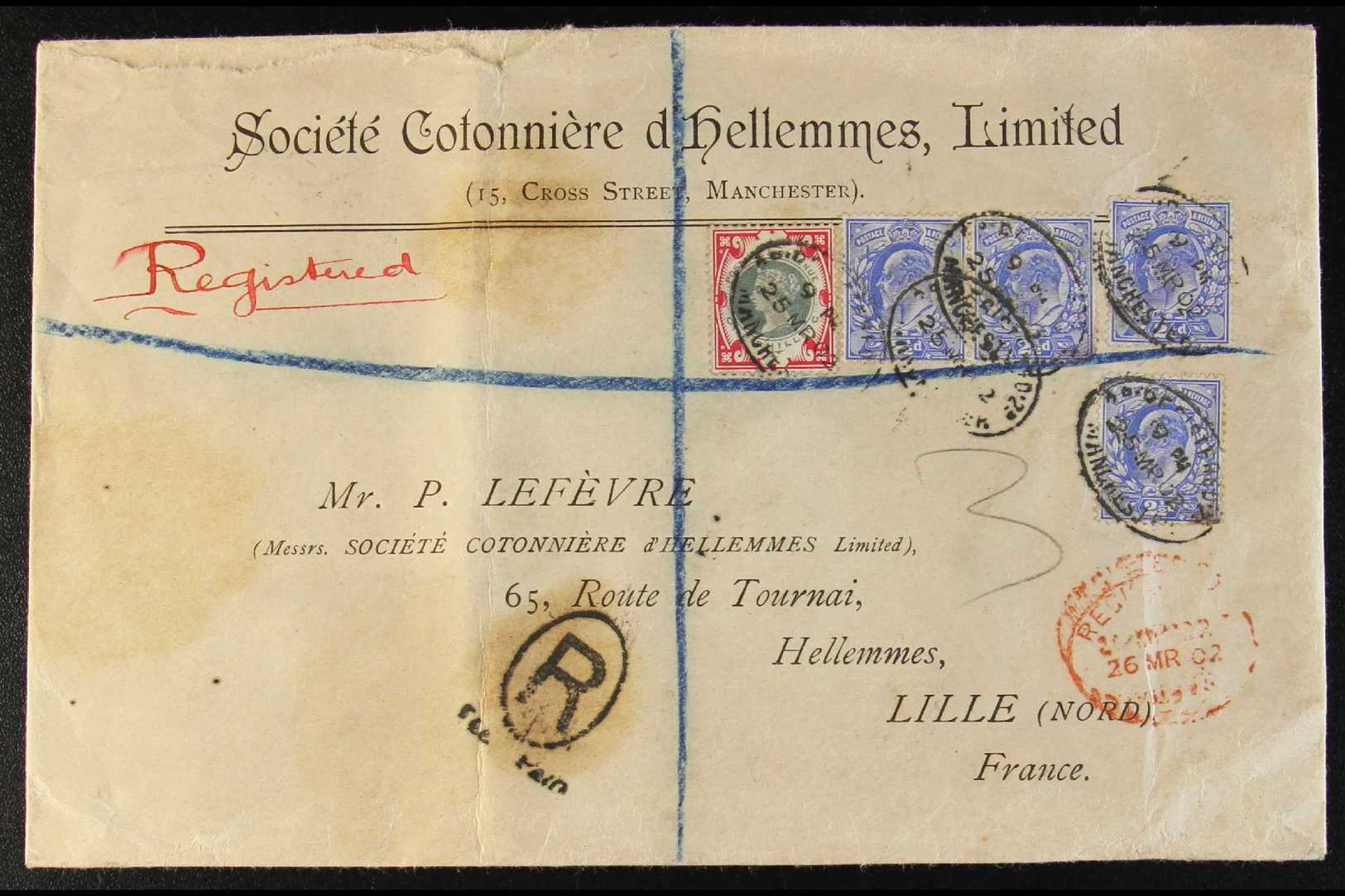 1902  (25 Mar) Envelope Registered From Manchester To France Bearing The QV 1s Green And Carmine "Jubilee" (SG 214) & KE - Other & Unclassified