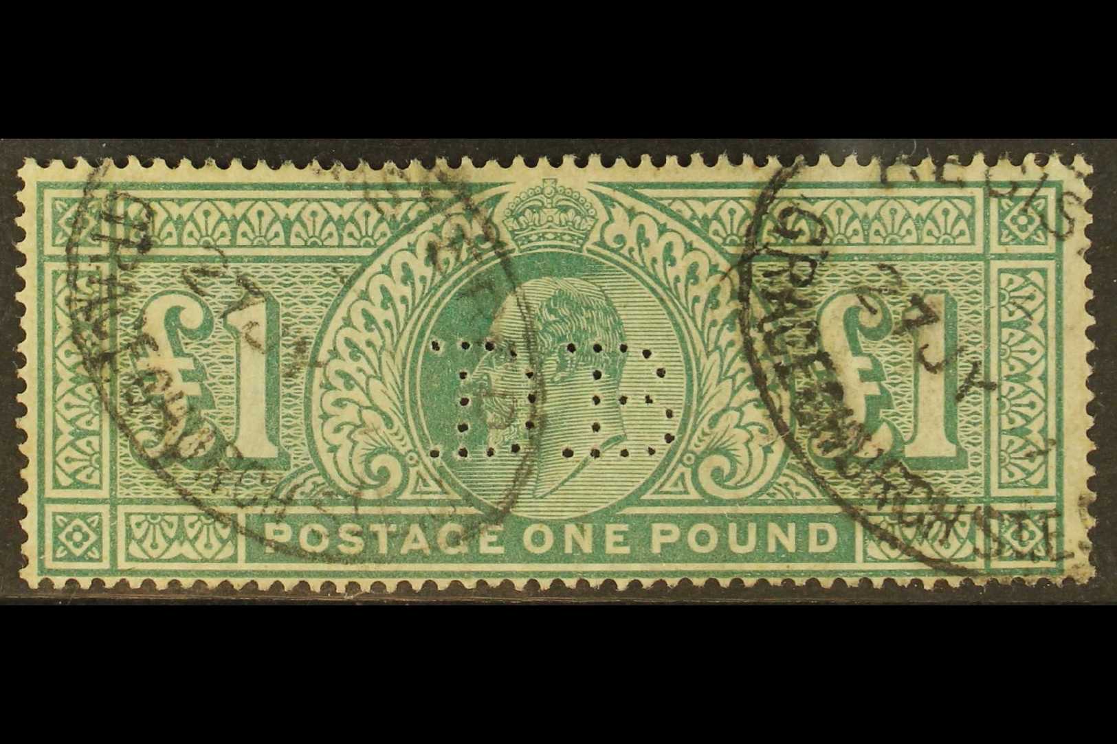 1902-10  £1 Dull Blue-green, SG 266, Fine Used With Registered Postmarks, With "DB" Commercial Perfin, Full Perfs, Cat £ - Non Classés