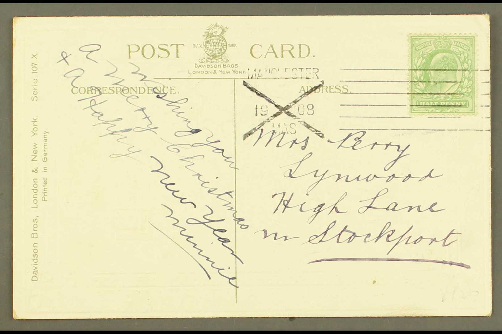 POSTED IN ADVANCE FOR CHRISTMAS DAY  1908 Manchester Machine Cancel, Good Strike On Postcard. For More Images, Please Vi - Non Classés