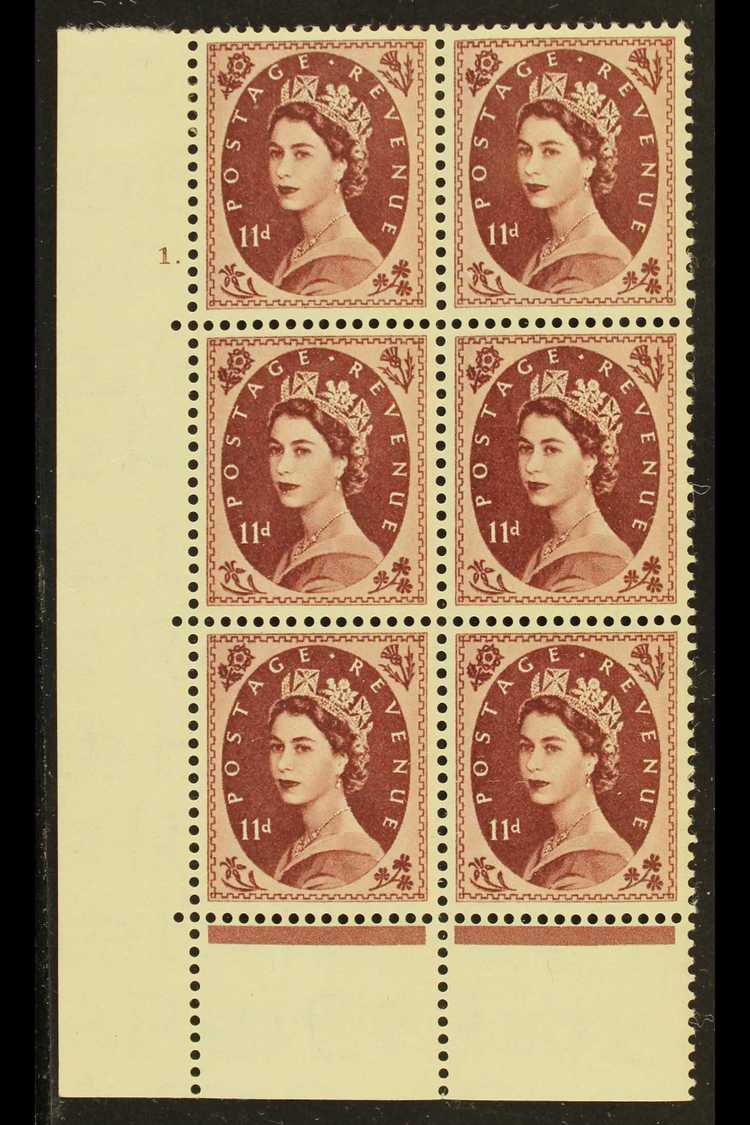 1952-54  11d Brown-purple, SG 528, Superb Mint (only One Stamp Hinged) Lower Left Corner CYLINDER '1' (Dot) BLOCK Of 6.  - Autres & Non Classés