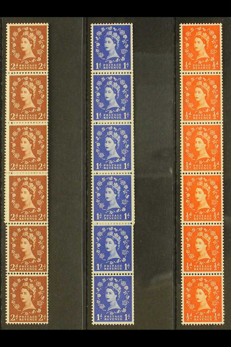 1958-61 VERTICAL STRIPS OF 10  Graphite Lined ½d Orange-red (upright Wmk) - SG 587, 1d Ultramarine - SG 588 & 2d Light R - Autres & Non Classés