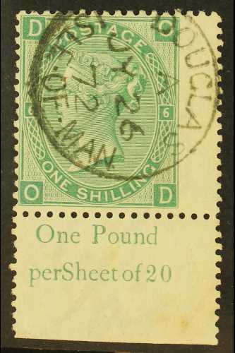 ISLE OF MAN  GB 1867-80 1s Green Plate 6, Wmk Spray, SG 113, Very Fine Used, Bottom Right  Corner Stamp With Intact Shee - Otros & Sin Clasificación