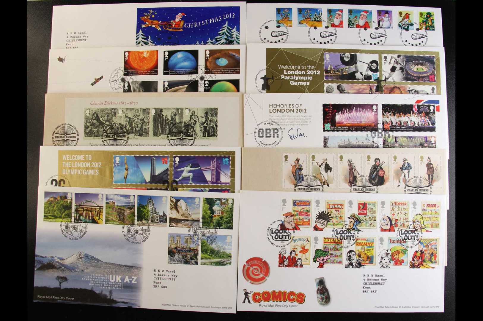 2012 COMPLETE YEAR SET  For All Commemorative Sets And Miniature Sheets (no "Post & Go") On Illustrated FDC's, Tied By B - FDC