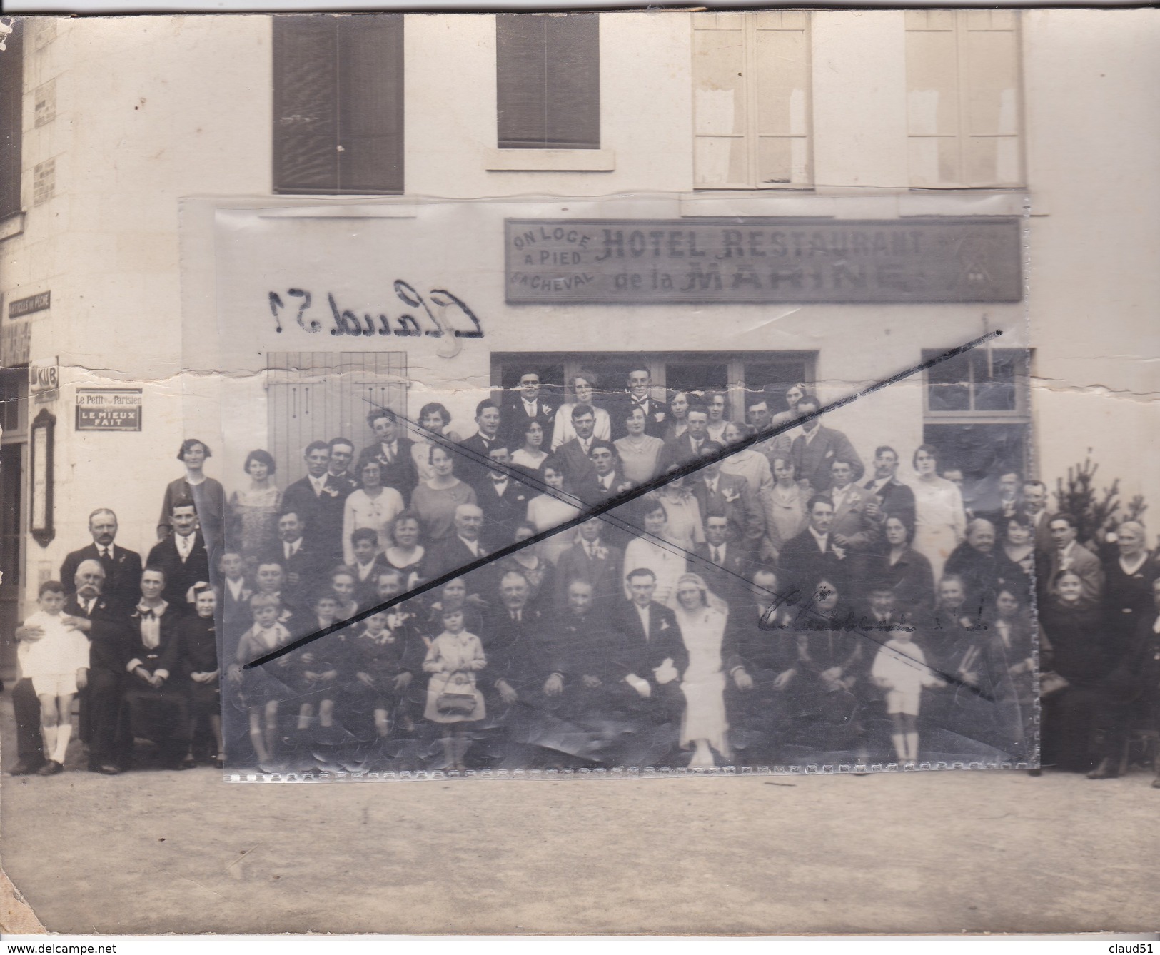 Photo Collée Sur Carton D'un Mariage Devant Hôtel Restaurant De La Marine à Identifier & Localiser(possible Cormontreuil - Personnes Anonymes