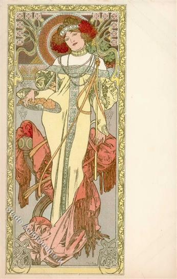 Mucha, Alfons Herbst Frau In Gelb Mit Fruchtplatte Jugendstil Künstler-Karte I- Art Nouveau - Andere & Zonder Classificatie