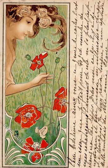 Jugendstil Frau Blumen  Künstlerkarte 1902 I-II (fleckig) Art Nouveau - Other & Unclassified