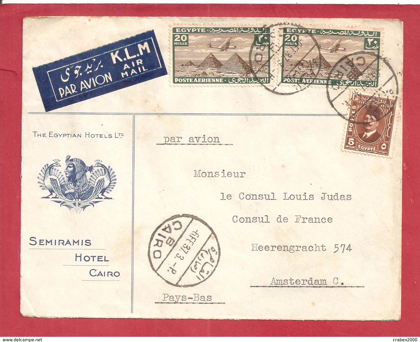 Y&T N°PA15X2+   LE CAIRE  Vers   PAYS BAS  1937 2 SCANS - Covers & Documents