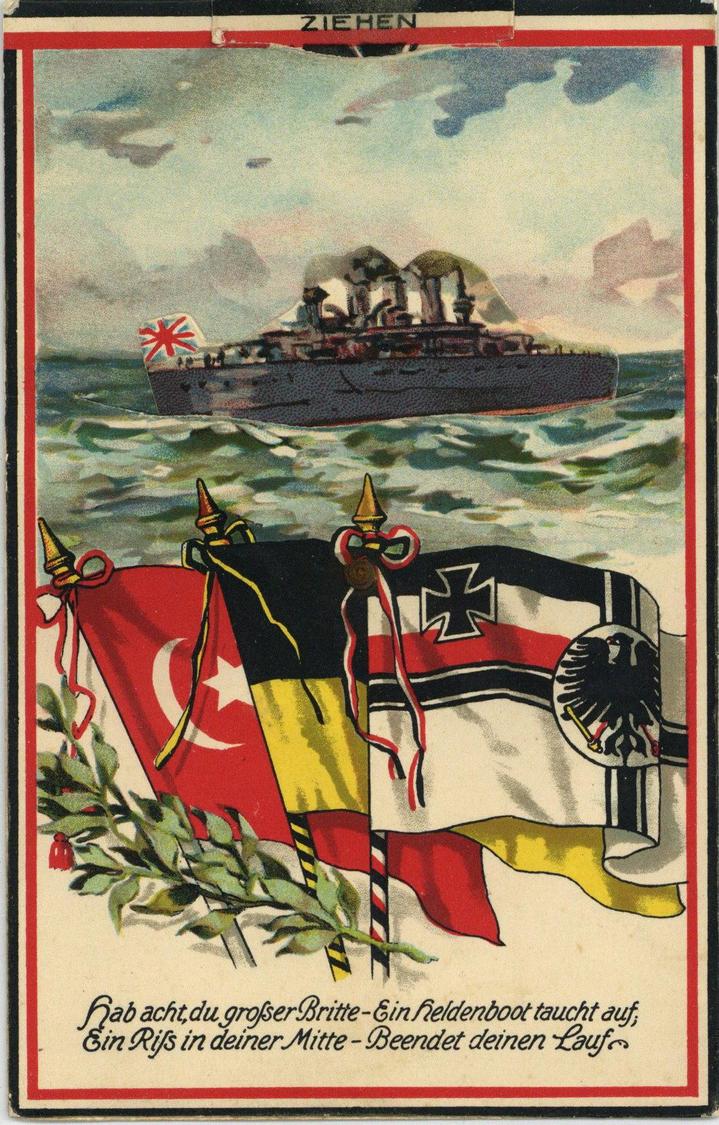 Mechanik-Karte Propaganda WK I Schiff Flaggen Türkei Deutschland Österreich Zieh-Karte I-II Bateaux Bateaux - Altri & Non Classificati