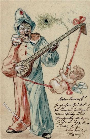 Handgemalt Clown Engel  Künstlerkarte 1902 I-II Peint à La Main Ange - Andere & Zonder Classificatie