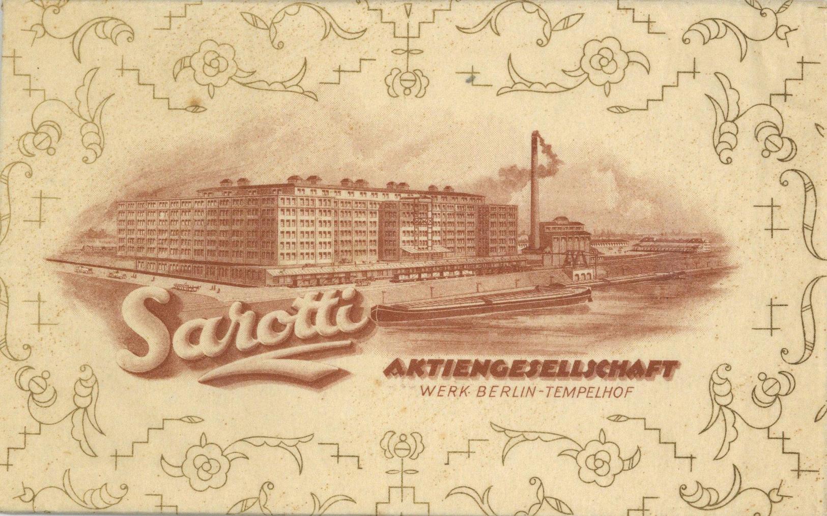 SAROTTI - Dekorativer Werbe-Umschlag (Seidenpapier-Art) D. SAROTTI AG Werk Berlin-Tempelhof I-II - Reclame