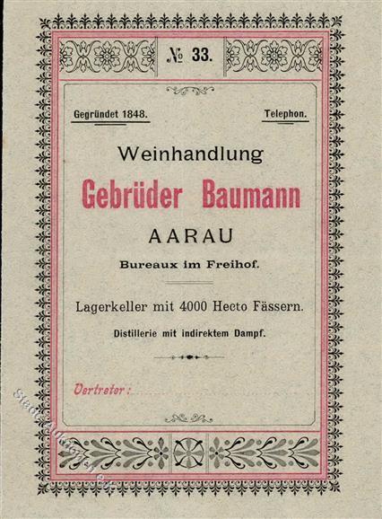 Wein Aarau Schweiz Weinhandlung Gebrüder Baumann Preisliste I-II Vigne - Tentoonstellingen