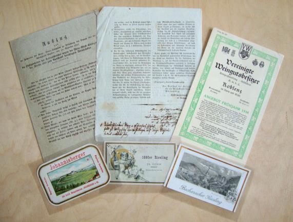 Wein Kleines Lot Mit Weinetiketten Preisliste Und 2 Alte Belege 1828 Vigne - Tentoonstellingen