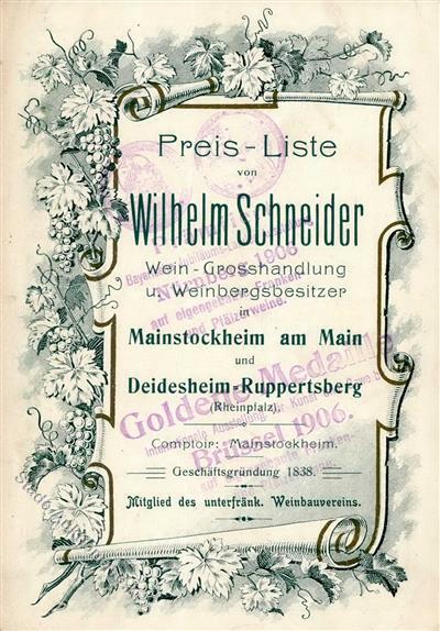 Wein Preisliste Weinhandlung Schneider 1906 I-II Vigne - Tentoonstellingen