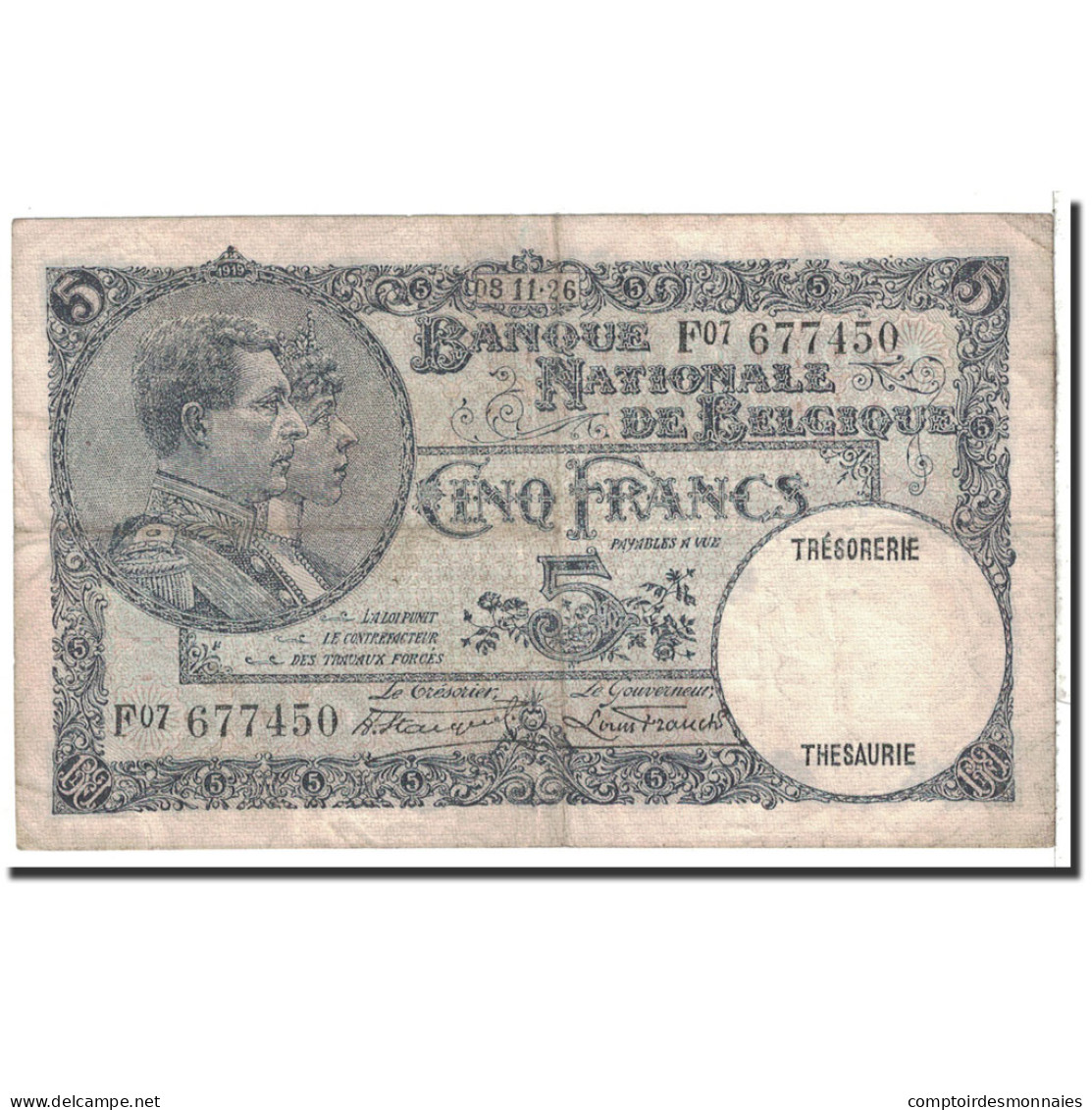 Billet, Belgique, 5 Francs, 1926, 1926-11-08, KM:97b, TTB - 5 Francs