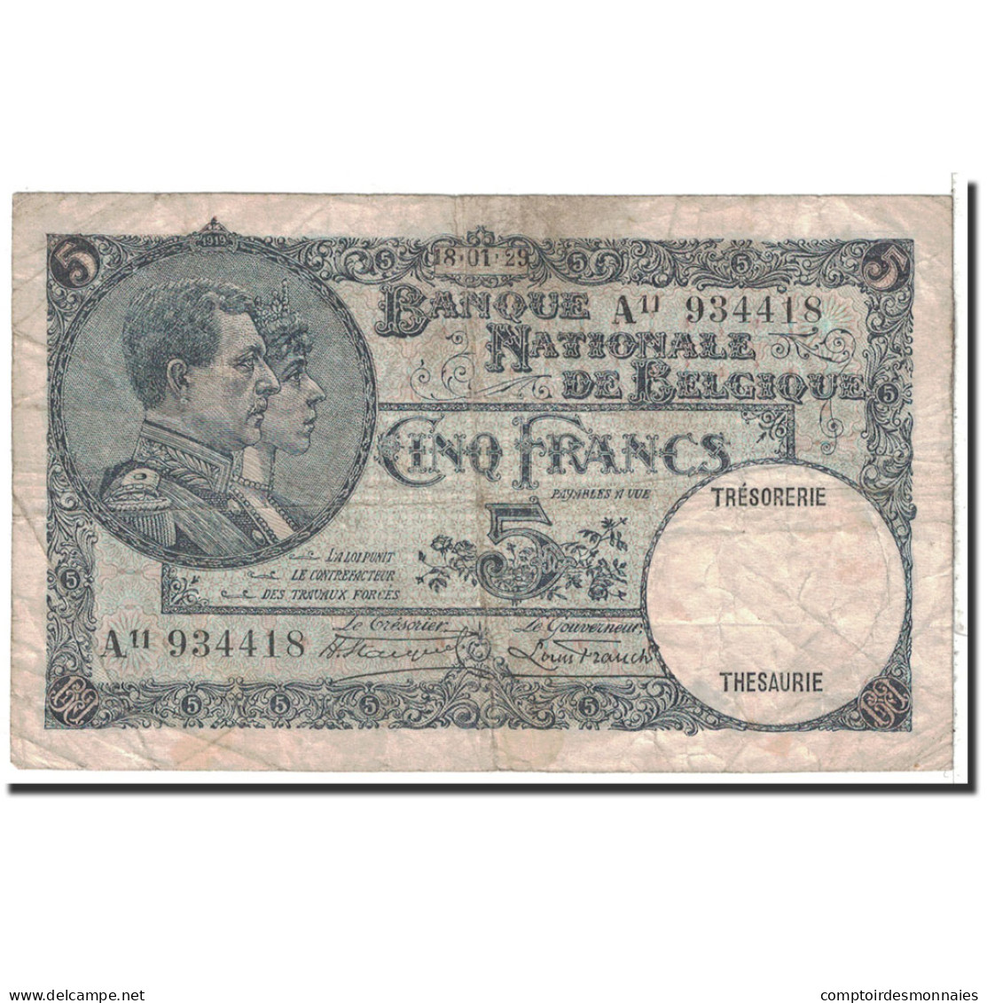 Billet, Belgique, 5 Francs, 1929, 1929-01-18, KM:97b, TB - 5 Francos