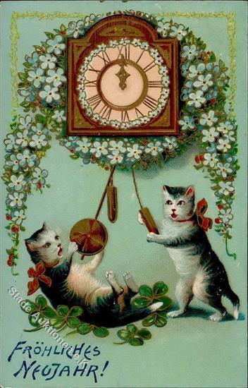 Katze Uhr Neujahr  Prägedruck 1911 I-II Bonne Annee Chat - Katten