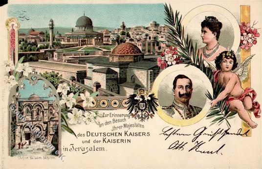 Adel Kaiser Wilhelm II Kaiserin Viktoria In Jerusamlem Lithographie 1898 II (Ecke Beschädigt) - Koninklijke Families