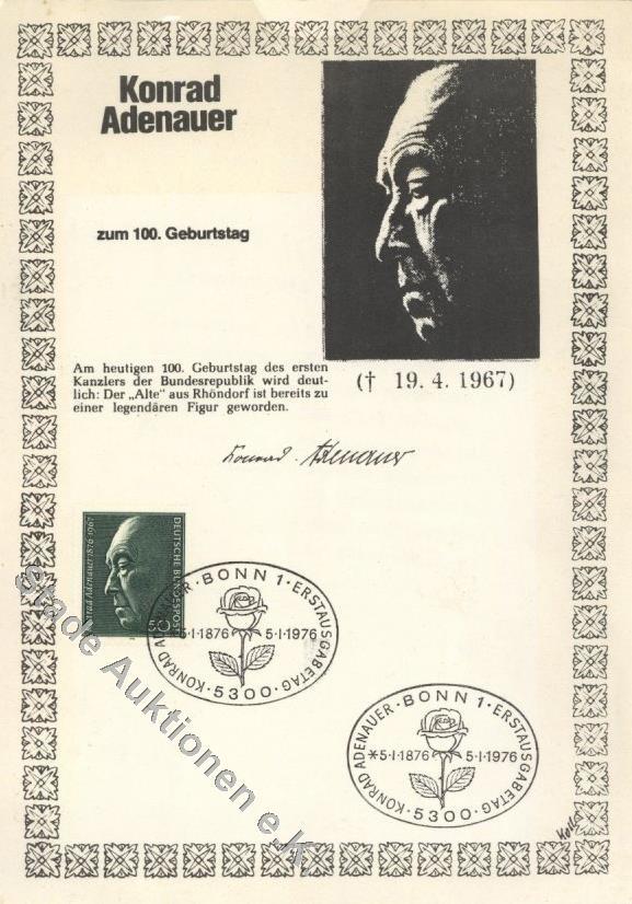 Politik 1x Konrad Adenauer Gedenkmarke 1 Karte Mit Original Unterschriften U.a. Helmut Kohl, Weizsäcker, Carsten Und 8 W - Evenementen