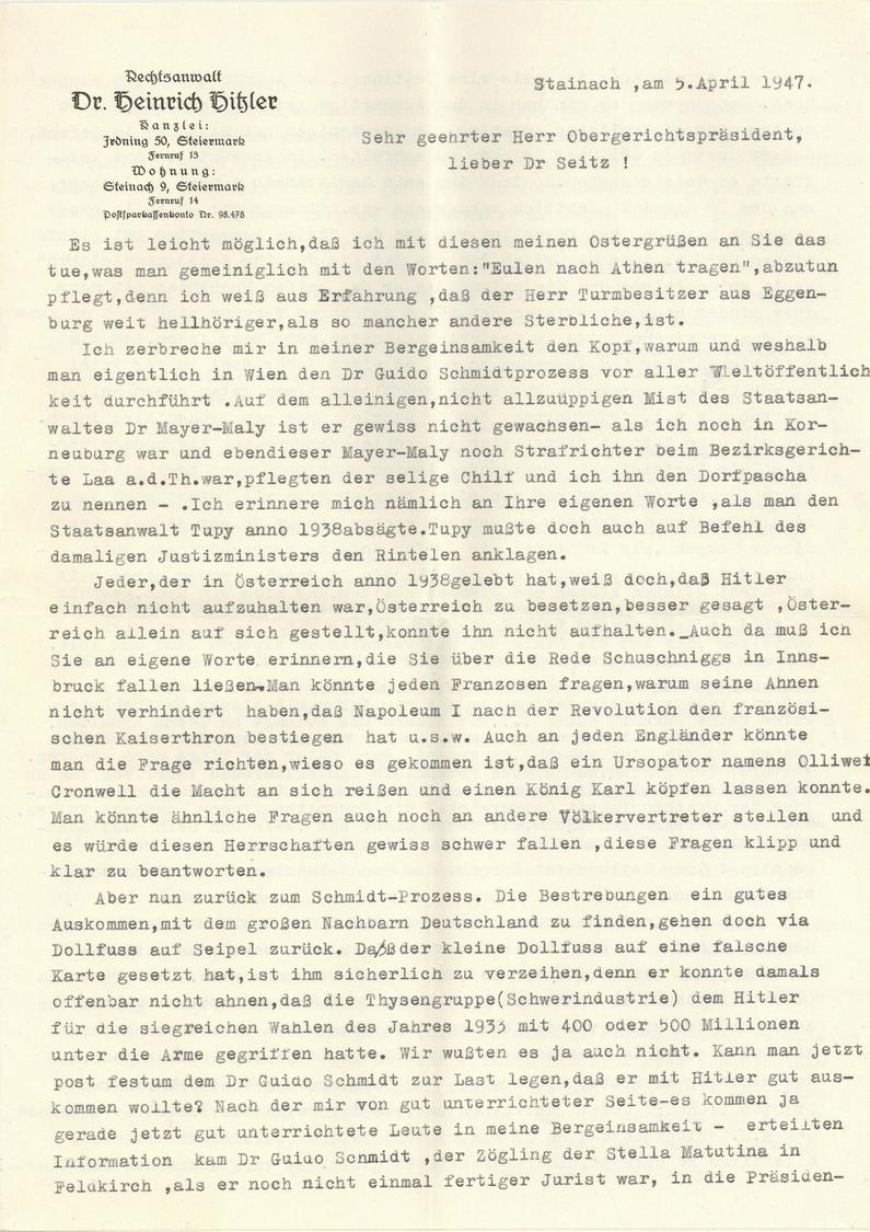 Politik Österreich 1947 Brief Von Dr. H. Hitzler An Oberlandesgerichtspräsident Dr. A. Seitz, Inhalt Der Prozess Von Dr. - Evenementen