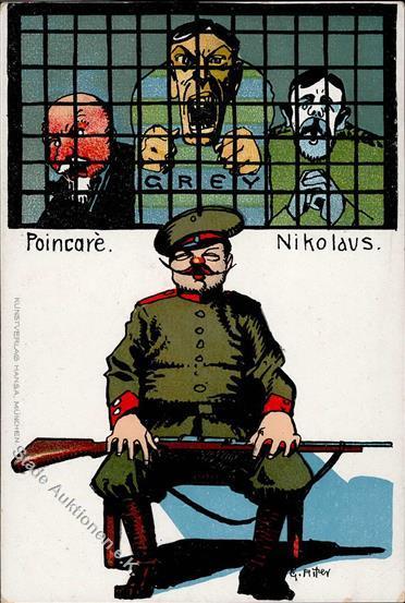 Antipropaganda WK I Poincare Grey Nikolaus Sign. Ritzer Künstlerkarte I-II (Eckbug) Pere Noel - Geschiedenis