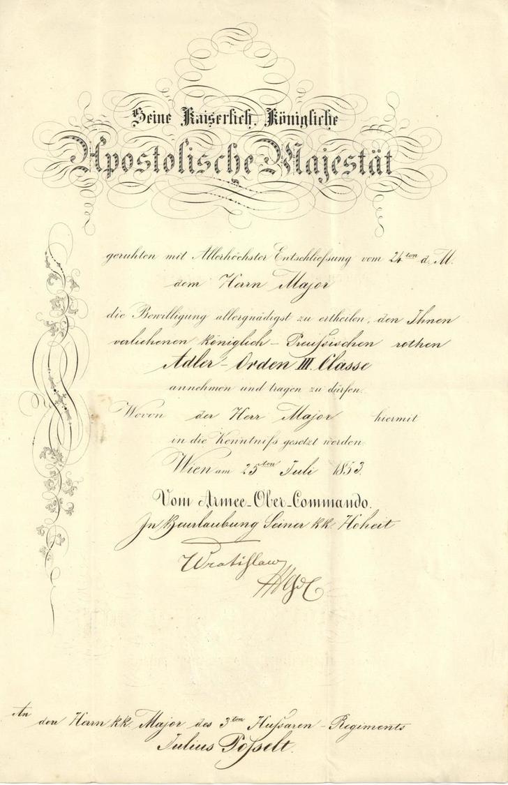 Militär Verleihungsurkunde Adler Orden III. Klasse Wien 1853 I-II - Altri & Non Classificati