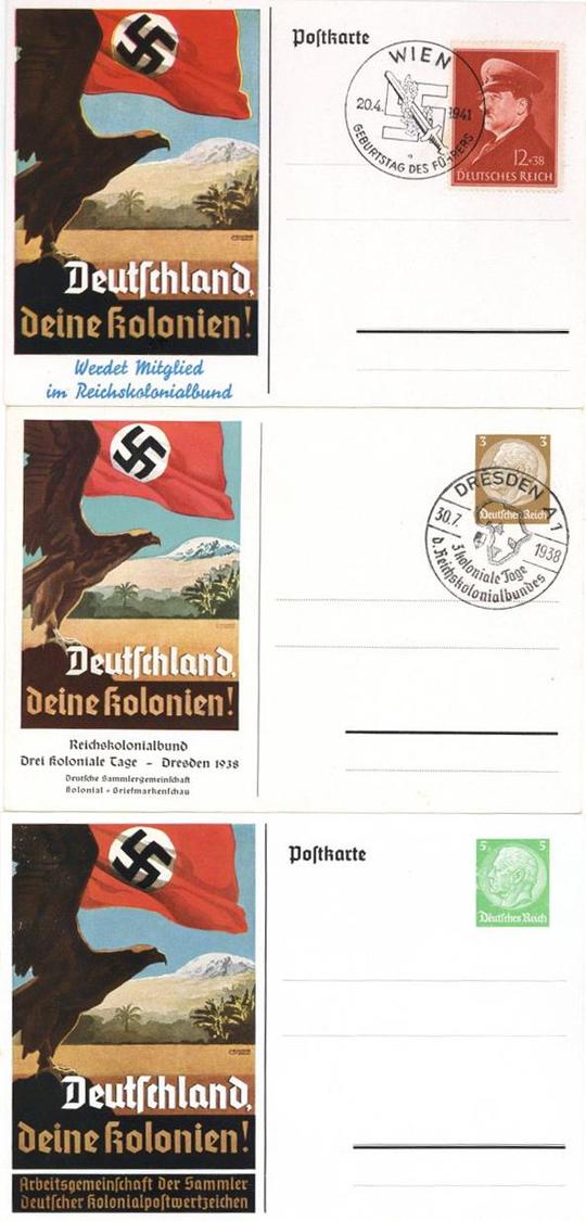 Propaganda WK II Deutschland Deine Kolonien 4'er Set Ansichtskarten Davon 2x Ganzsache I-II Colonies - Guerra 1939-45