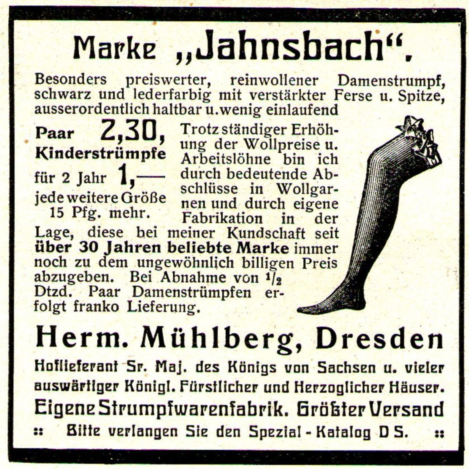 Original-Werbung/ Anzeige 1913 - STRÜMPFE MARKE JAHNSBACH / MÜHLBERG - DRESDEN - Ca. 65 X 65 Mm - Werbung