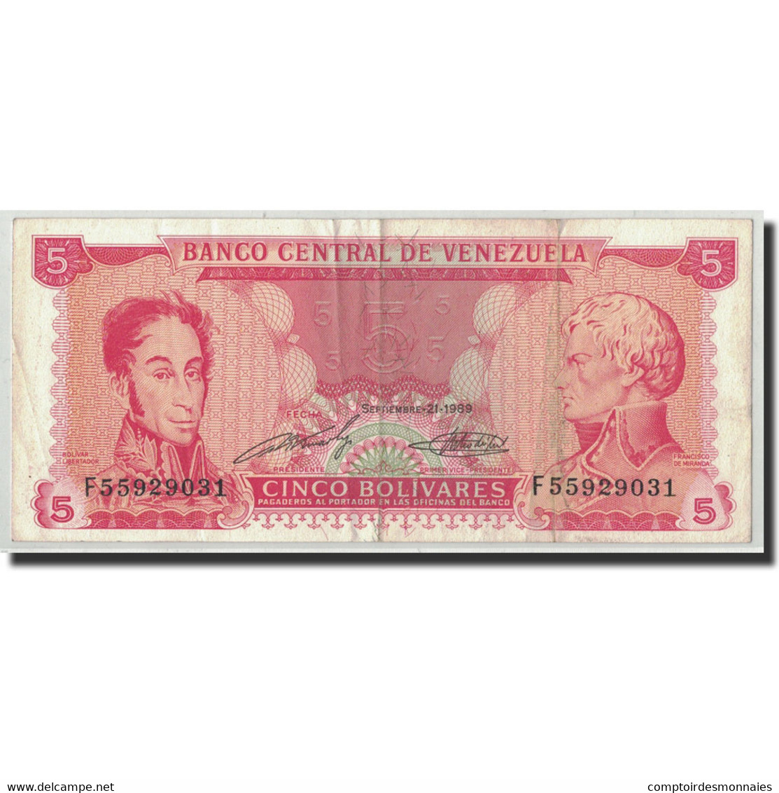 Billet, Venezuela, 5 Bolivares, 1989, 1989-09-21, KM:70b, TB+ - Venezuela