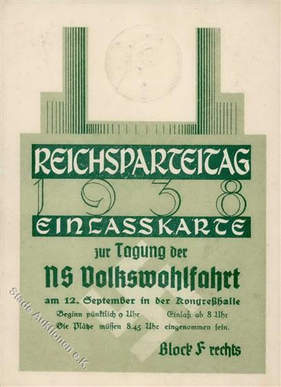 REICHSPARTEITAG 1938 WK II - Einlasskarte 12.9.38 NS-Volkswohlfahrt-Tagung I-II - War 1939-45