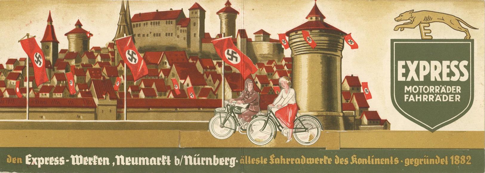 REICHSPARTEITAG NÜRBERG WK II - Seltene MECHANIK-KLAPP-Werbekarte (keine Ak) Der Fahrrad-EXPRESSWERKE Neumarkt I-II Cycl - Guerra 1939-45